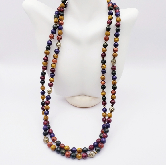 Double Strand Multi Color Beaded Necklace with Silver Floral Bead Accents - Picture 1 of 8